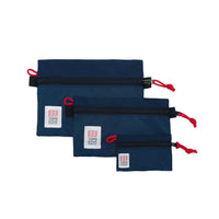 Topo Designs Accessory Bags - product shot of the "Medium", "Small", and "Micro" accessory bags in "Navy - Recycled" blue.