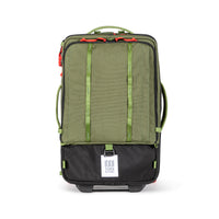 Topo Designs Global Travel Bag Roller durable carry-on convertible laptop backpack rolling suitcase in "Olive" green.