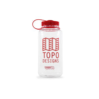Topo Designs Nalgene 32 oz Wide Mouth Water Bottle with Red Map Logo in "Clear / Red".