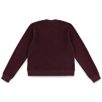 Back of Topo Designs Women's Global Sweater recycled Italian wool crewneck pullover in "Burgundy" red