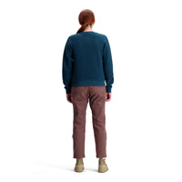 General shot of Topo Designs Women's Global Sweater recycled Italian wool crewneck pullover in "pond blue"