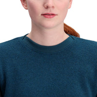 General shot of Topo Designs Women's Global Sweater recycled Italian wool crewneck pullover in "pond blue"