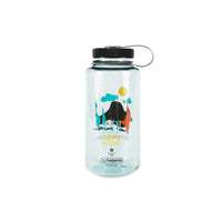 Topo Designs Nalgene 32 oz Wide Mouth Water Bottle in Clear with "Landscape" & Black Lid.