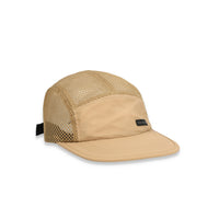 Topo Designs Global mesh back Hat in "Khaki" brown. Unstructured 5-panel flexible brim packable hat.