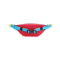 Back view showing buckle of Topo Designs Mountain Waist Pack in lightweight recycled "Red / Turquoise" nylon.